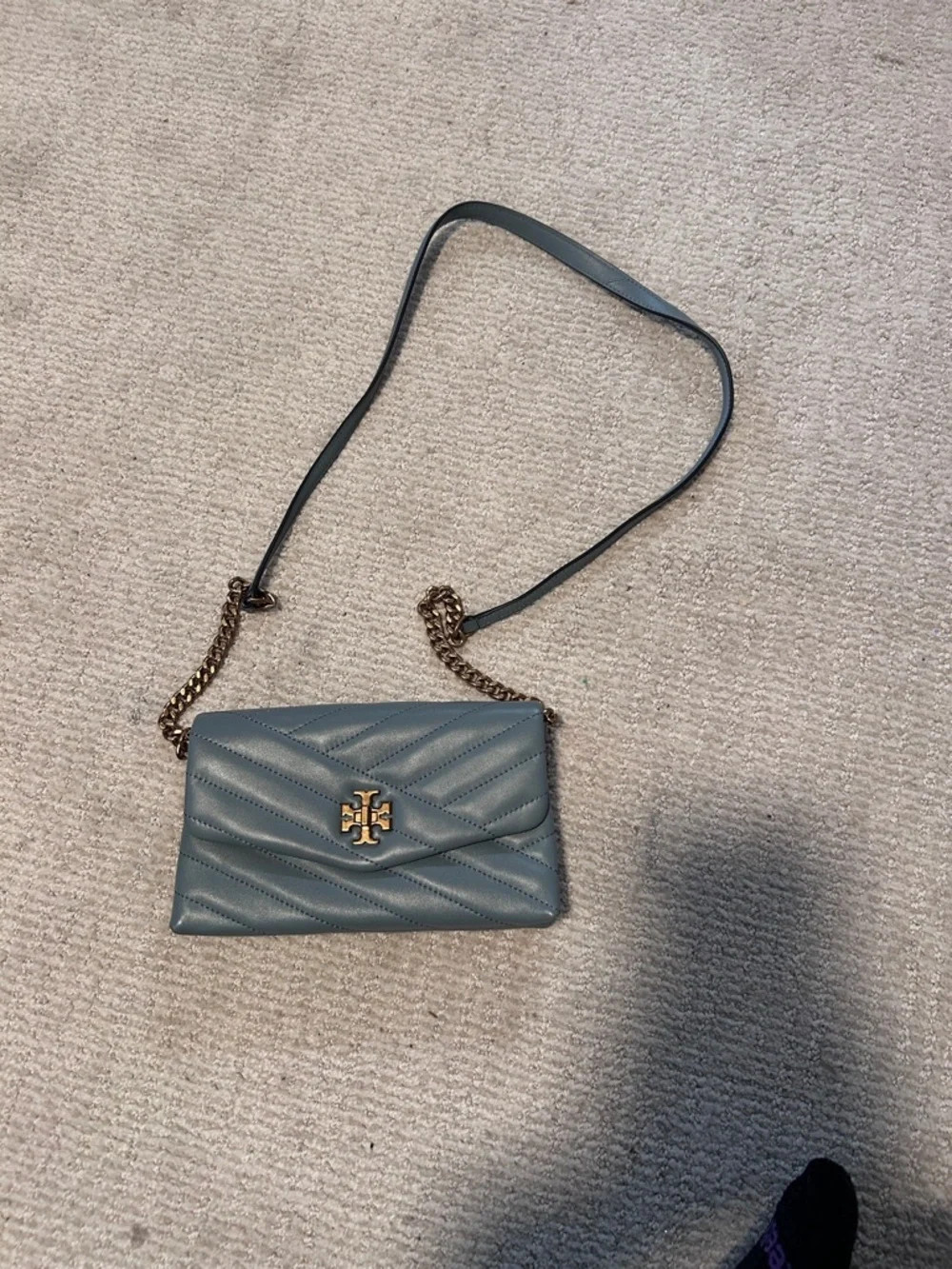 Tory Burch Quilted Slate Blue Leather Chain-strap Crossbody with Gold Logo​